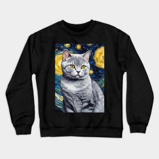 Cute British Shorthair Cat Breed Painting in a Van Gogh Starry Night Art Style Crewneck Sweatshirt